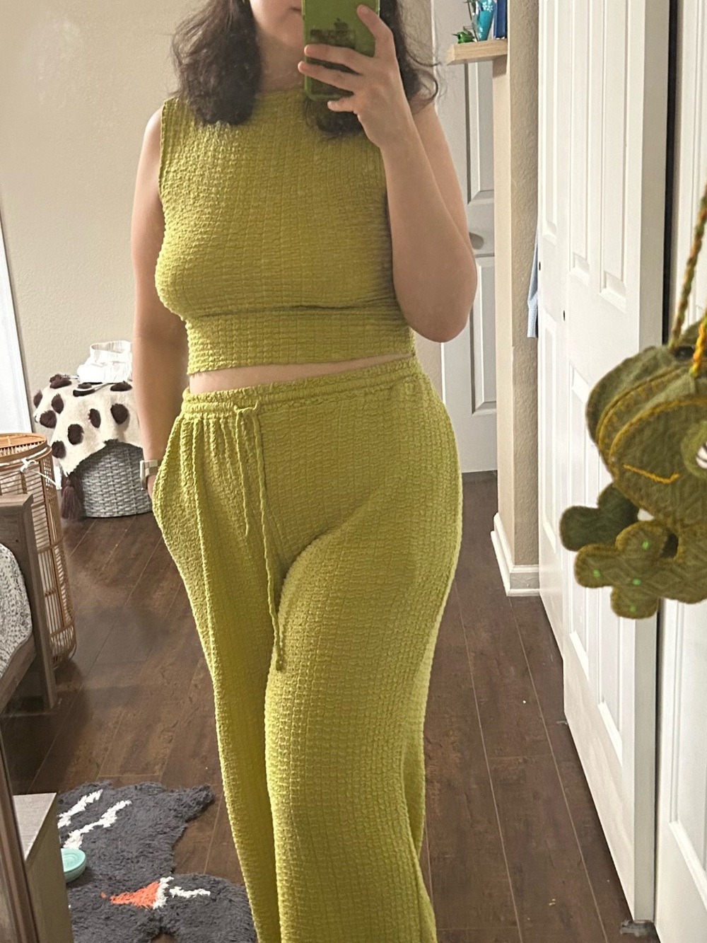Textured Wide-Leg Knit Pants in Lime Green